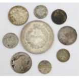 Qty of assorted mixed world and British coins all with silver content to inc a 1977 silver 50 French