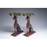 A pair of Italian green marble-topped carved wooden whippet side table, early 20th C.
