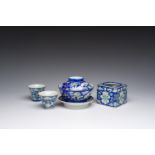 A Chinese blue-ground covered bowl on stand, two wine cups and a warmer, Tongzhi mark and of the per