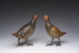 A pair of cold painted Vienna bronze partridges, Bergmann workshop, early 20th C.