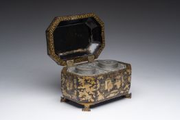 A Chinese Canton lacquer tea box with two pewter tea caddies, 19th C.