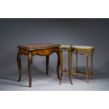 A French wooden gaming table and two side tables, 19th/20th C.