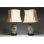 A pair of Chinese famille verte jars with floral design mounted into lamps, 19th/20th C.