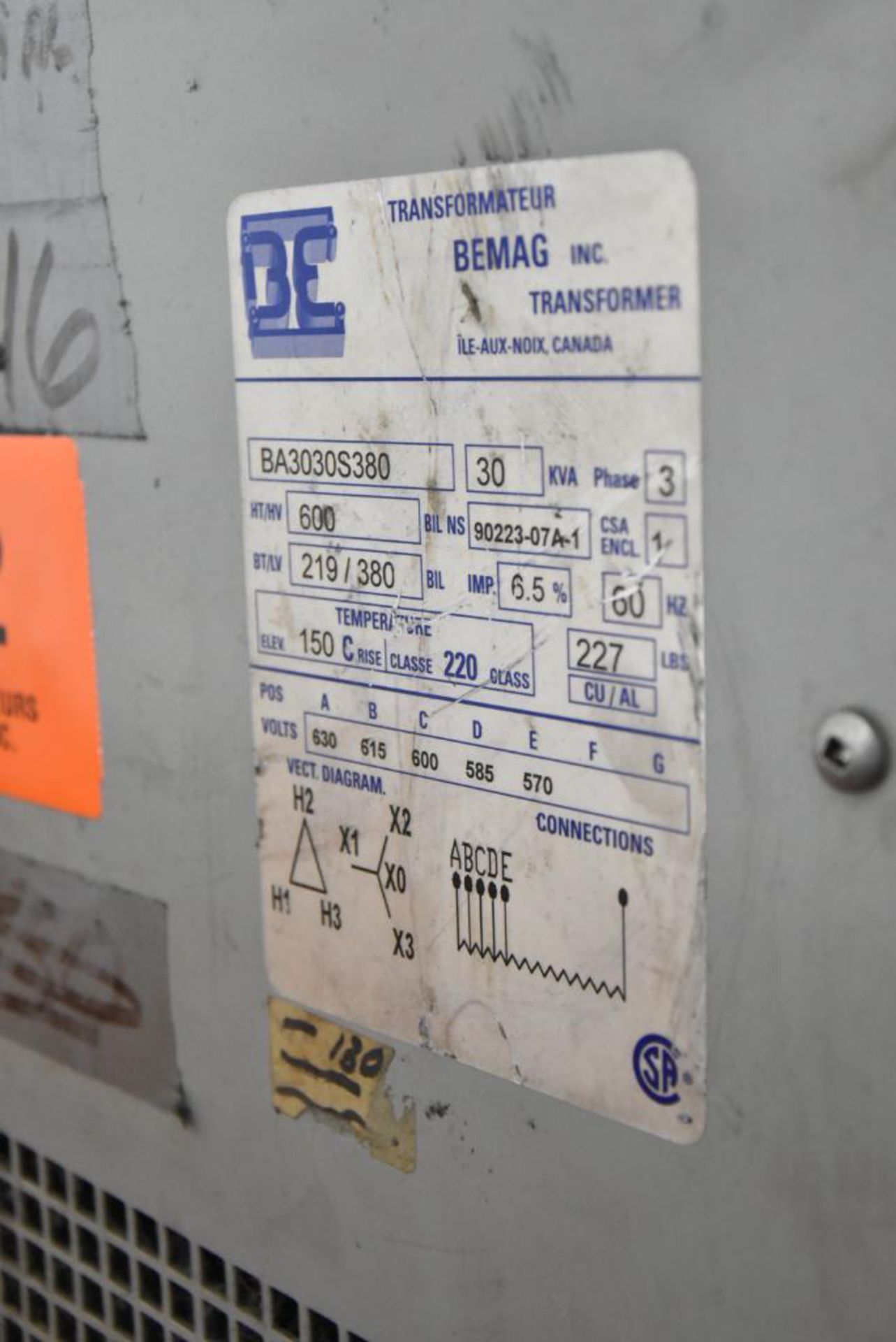 BEMAG 30 KVA TRANSFORMER WITH 600 PRI. VOLTAGE, 219/380 SEC. VOLTAGE, 3 ...