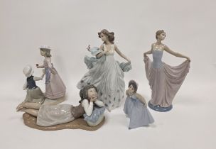 Five Lladro figures, printed marks, including: two tall figures of elegantly dressed ladies, a group