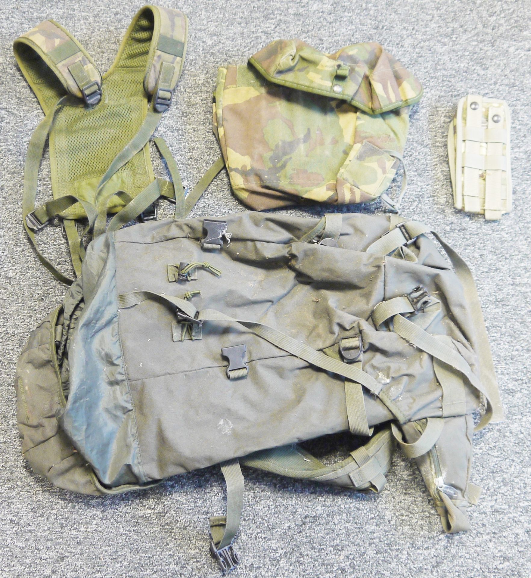 Collection of mainly Army issue camouflage canvas ammunition bags, backpacks, other bags and other