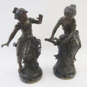 L & F Moreau, pair bronzes of girls seated on treestumps 'Printemps' and 'Automne', each 29cm