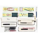 Collection of pens and pencils including a cased Parker 61 fountain pen, a cased Parker 51 jotter
