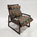 Set of three Danish inspired rosewood open frame Capella style easy chairs with removeable