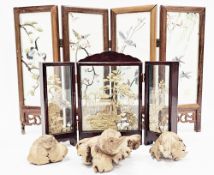 Three South East Asian parasite wood hand carved models of frogs, the largest 17cm long, a