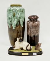 Two West German pottery vases and a Beswick Pottery group of a siamese cat and mouse, the first vase