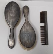 George V silver backed three-piece dressing table set, Sheffield 1925 and 1926, Walker & Hall,