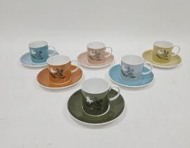 Mid-century boxed Susie Cooper coffee service for six, decorated with flower sprays within harlequin