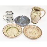 Howard Charles studio pottery bowl, with fluted rim, in mottled blue glaze, impressed H and leaf