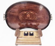 Edwardian mahogany and satinwood inlaid kidney-shaped serving tray with twin brass handles, 59cm