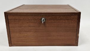 Mid-century teak coin collector's cabinet, the lockable lift-off front opening to ten coin drawers