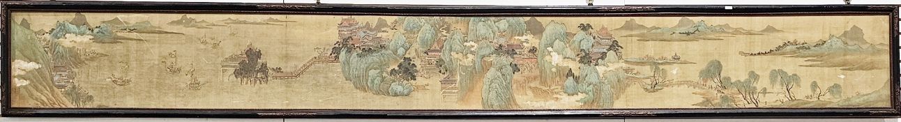 Chinese Qing Dynasty framed ink and colours on silk panel after Qui Ying (1494-1552), painted in