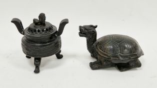 Chinese bronze figure of a Longgui or dragon turtle, 20th century, modelled recumbent, 17cm long and