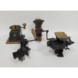 Four antique coffee grinders including Archibald Kenrick brass and iron coffee grinder, 20cm high,