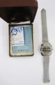 Vintage Timex Q Quartz wristwatch, the dial with raised white baton hour markers, day date