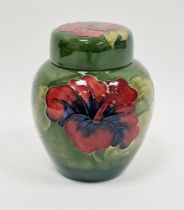 Moorcroft green-ground Hibiscus pattern ginger jar and cover, impressed marks, green Moorcroft mark,