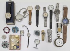 Mixed lot of watches, costume jewellery and enamel badges including a cased Rotary watch with mother