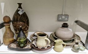 Group of studio pottery, including: a 1960s Poole Pottery Studio pear-shaped bottle vase after a
