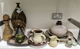 Group of studio pottery, including: a 1960s Poole Pottery Studio pear-shaped bottle vase after a