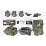 British Army folding entrenching tool with canvas case, a British Army rifle cleaning kit, a red dot