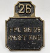 Railways brass lever plate ' 26, FPL on 28 West End ', 12.5cm x 10cm