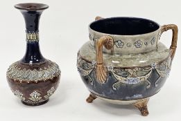 Doulton Lambeth stoneware three-handled footed jardiniere and a bottle vase, late 19th century,