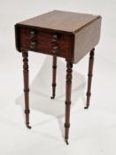 19th century mahogany drop-flap work table having two drawers to end with twin wooden knob handles