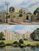Ian King (20th century) Watercolour View of Country house with gated entrance, signed lower right,