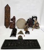 Collection of face masks and ethnic items including Balinese wooden painted face masks, tribal drum,