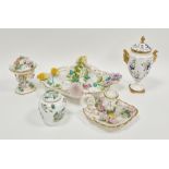 Group of Coalport flower-encrusted porcelain, 20th century, printed and painted marks, comprising: a