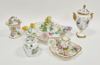 Group of Coalport flower-encrusted porcelain, 20th century, printed and painted marks, comprising: a