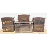 Five small arms cartridges metal ammunition boxes, 30cm long and another metal ammunition box with