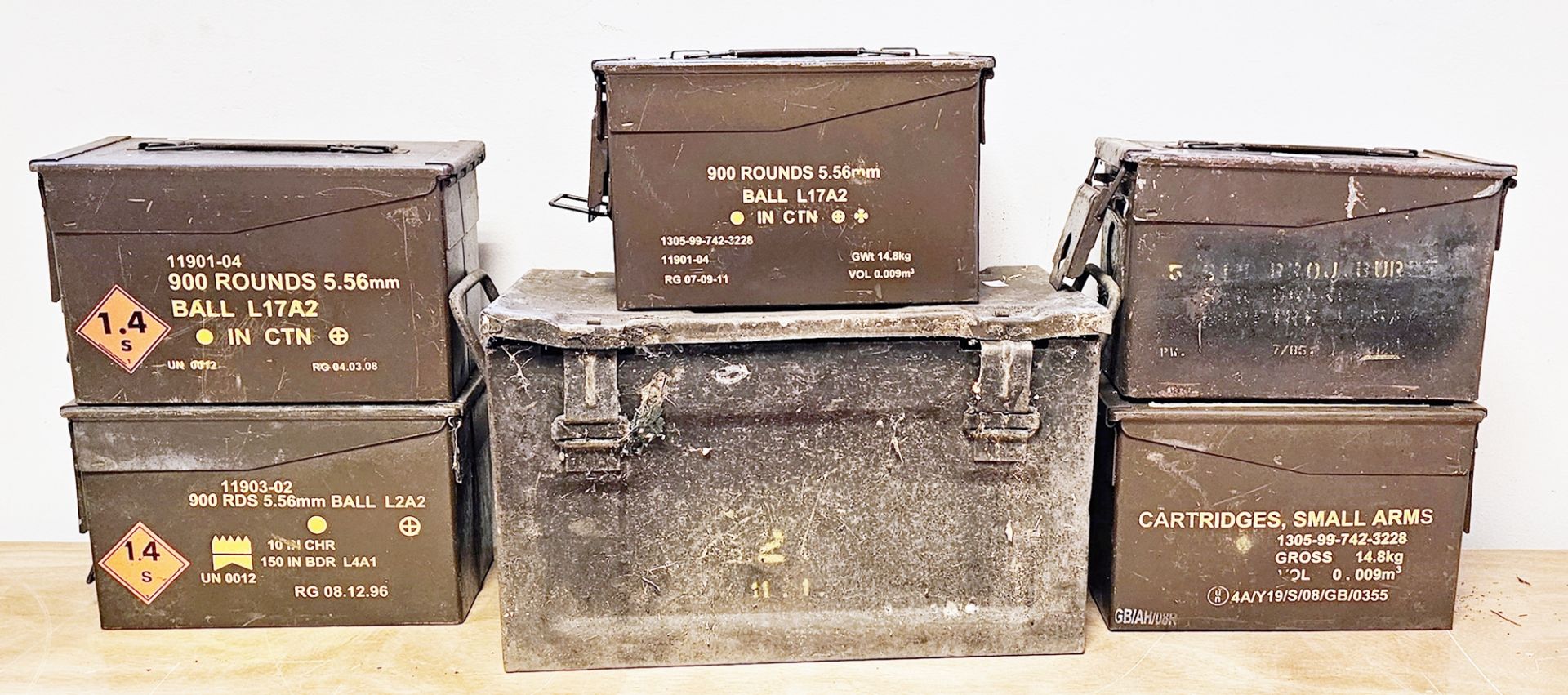 Five small arms cartridges metal ammunition boxes, 30cm long and another metal ammunition box with