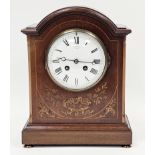 Edwardian J W Benson mantel clock, the mahogany domed top case with floral and string satinwood