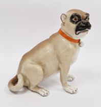 Continental porcelain model of a seated pug in the Meissen style, 20th century, blue crossed