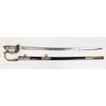 Royal Navy 1827 pattern officer's sword and scabbard, white fish skin wire bound grip, etched