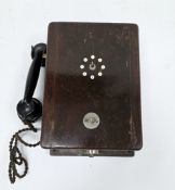 Early 20h century railway signal line box telephone in mahogany case with bakelite receiver, 34cm