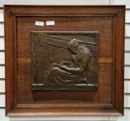 Godefroid Devreese (1861-1941) bronze relief plaque depicting a seated woman titled L'Aieule, 26cm x