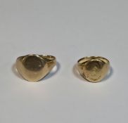 Two yellow gold signet rings, one with empty cartouche, the other engraved, both with hallmarks