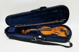 Violin with two piece back and ebony fingerboard, 60cm long together with a new bow, fitted in a