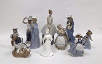Nine Nao figures and a Coalport Ladies of Fashion figure of Lorraine, printed marks, the Nao figures