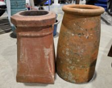 Pair of terracotta chimney pots, one square form, the other rounded, 41cm high and 46cm high (2)