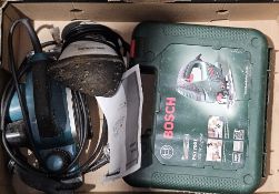 Makita planer KP0800, a Bosch PST700E 500w jigsaw and another sander (1 box)