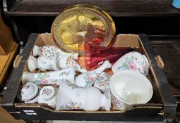 Collection of ceramic, glass and brass including seven Aynsley vases, two Aynsley trinket boxes, a