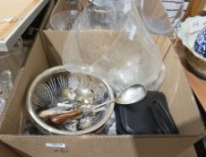 Six boxes of assorted glass, ceramics and other items including silver plated caddy spoons,
